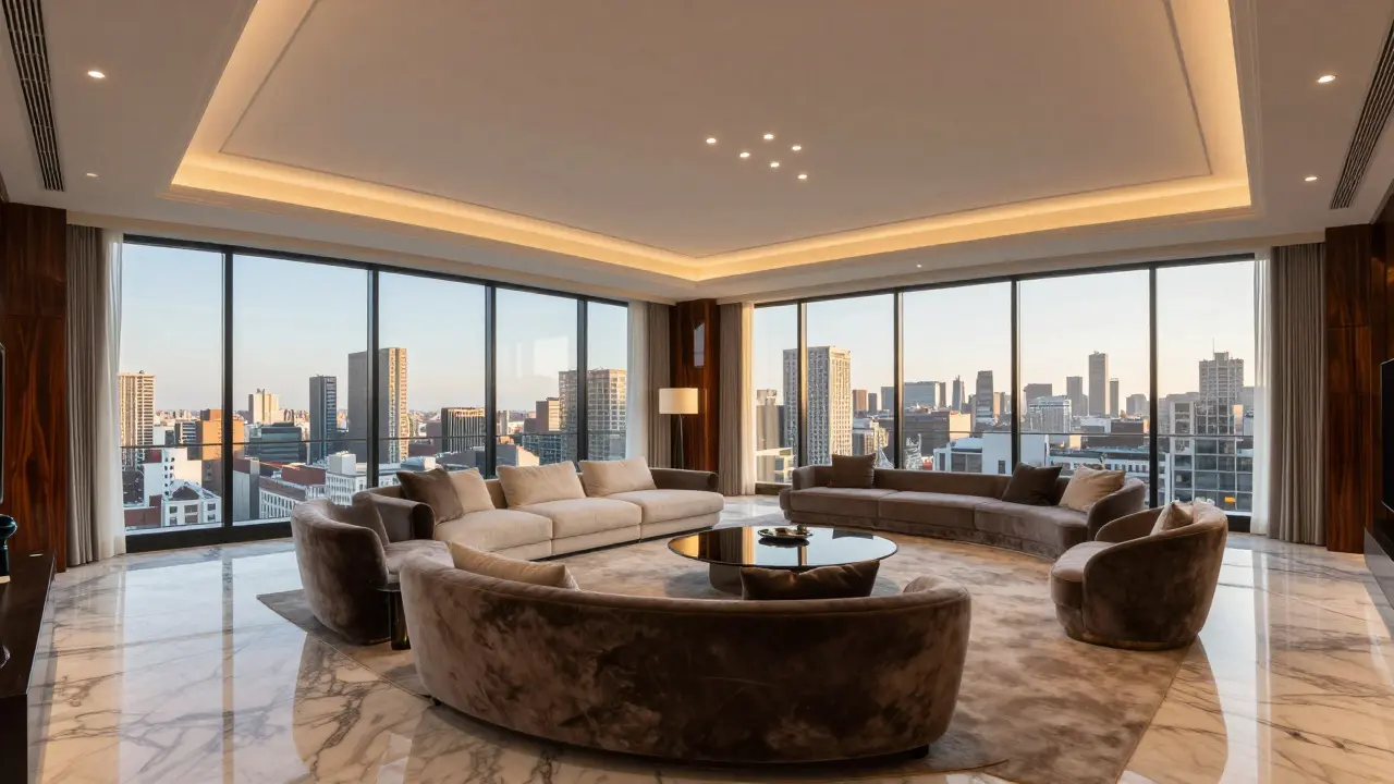 Interior de lujo de un piso completo con vista panorámica de la ciudad.