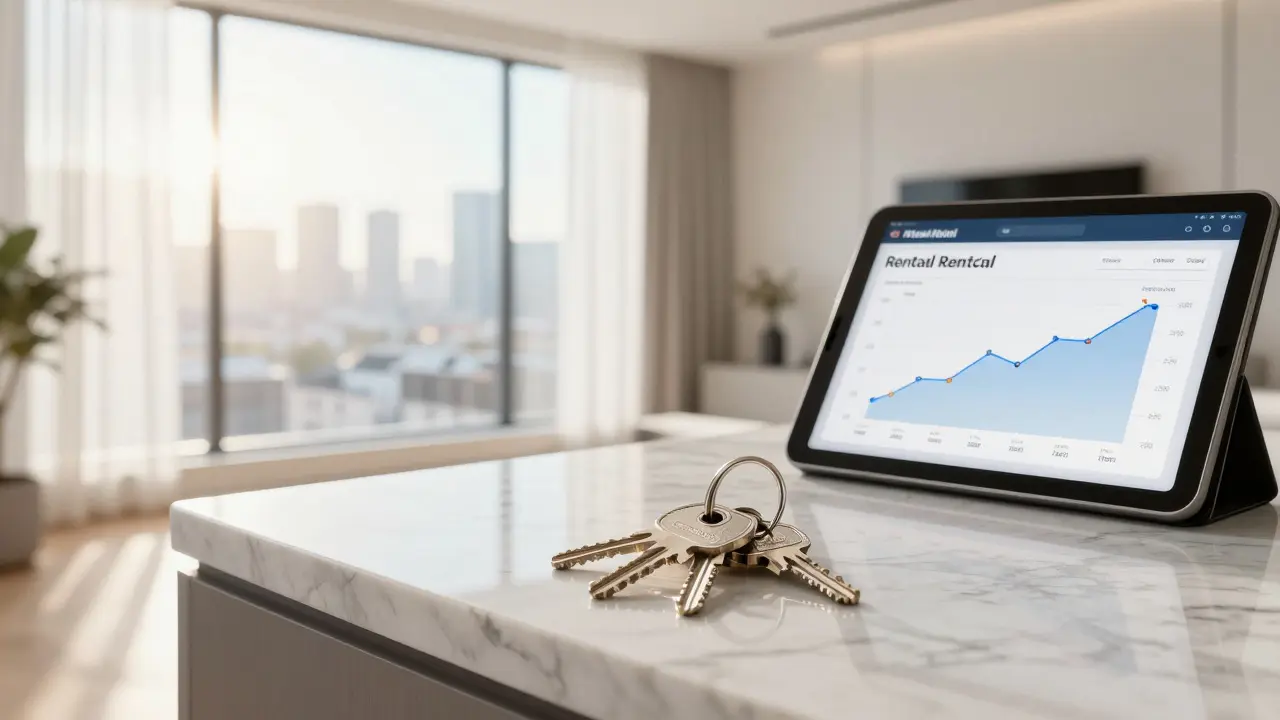 Llaves de un departamento moderno sobre una mesa de mármol con vista a la ciudad.