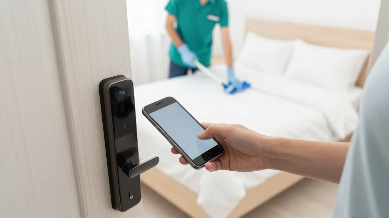 Mano usando celular para abrir cerradura electrónica de un departamento alquilado.