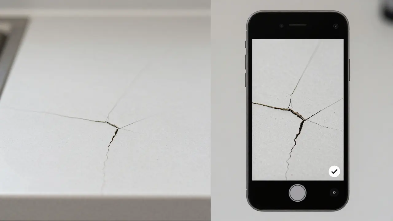 Pantalla de móvil mostrando la foto de una grieta en una encimera de cocina