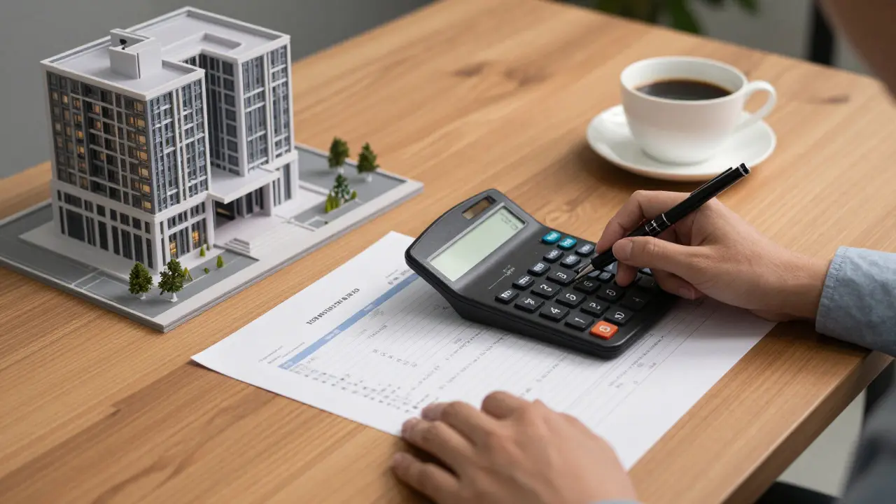 Persona analizando costos inmobiliarios con calculadora y maqueta de edificio sobre un escritorio.