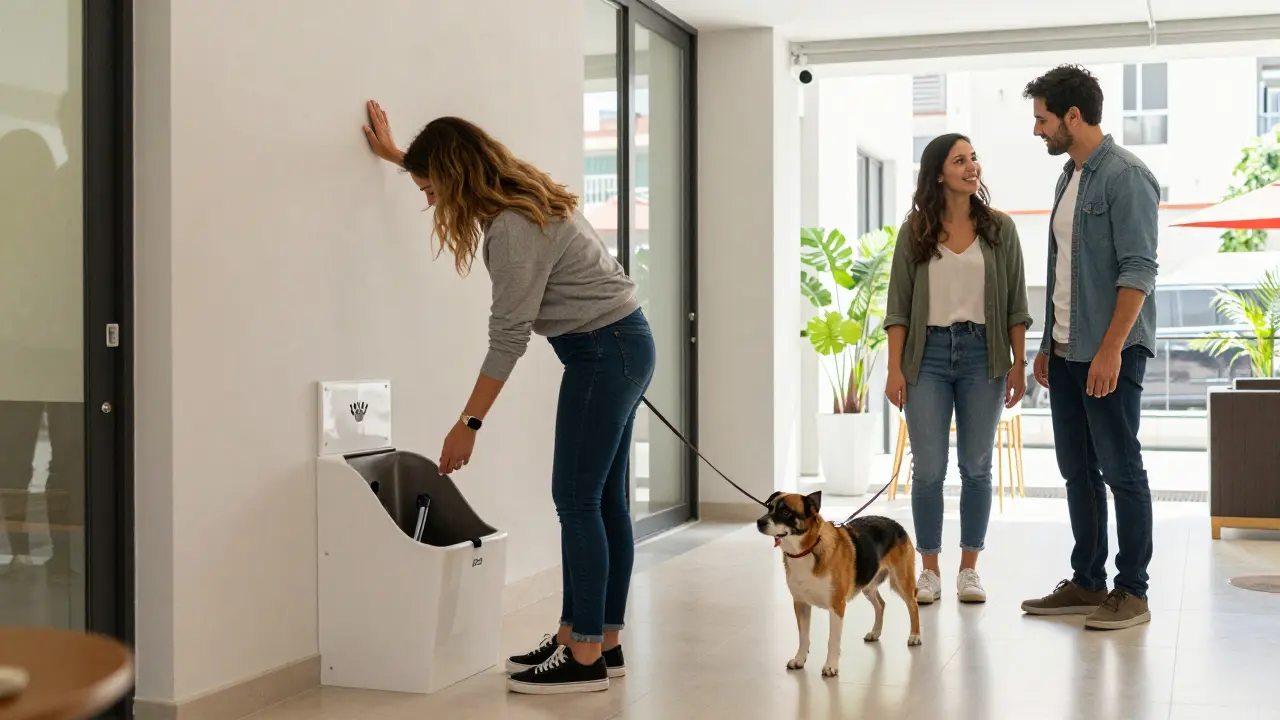 Persona paseando a su perro por el pasillo de un edificio moderno y pet-friendly.