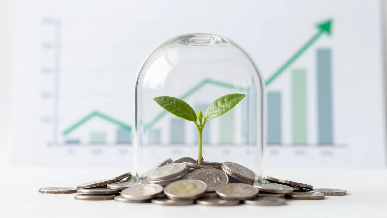 Planta creciendo sobre monedas bajo una cúpula de cristal, representando seguridad financiera.