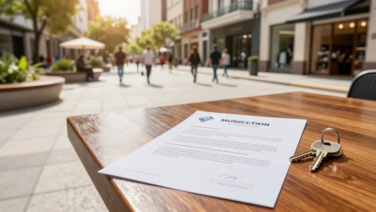 Plaza peatonal moderna con una notificación municipal y llaves sobre una mesa.