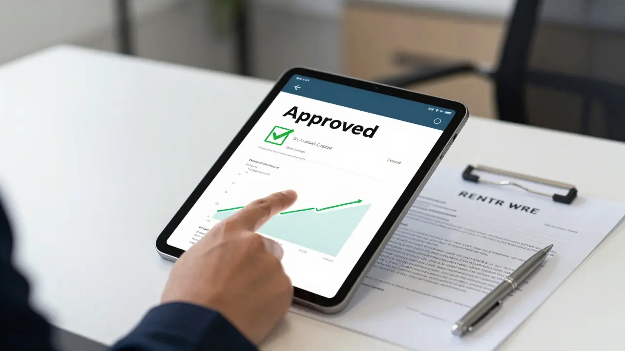 Primer plano de una tablet con una aprobación de crédito y un contrato de alquiler sobre un escritorio.