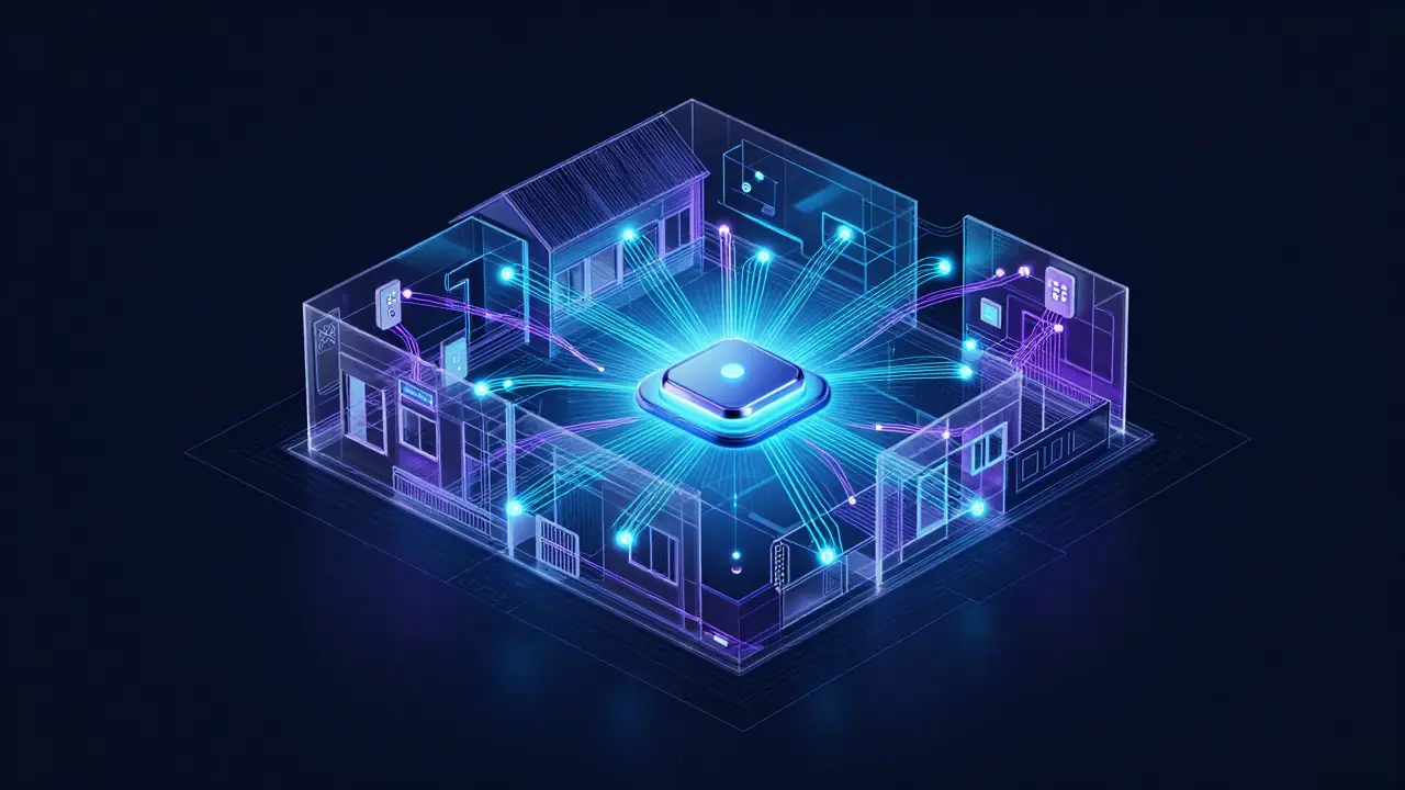 Representación conceptual de la red de conexión de un Hub de domótica en una casa.