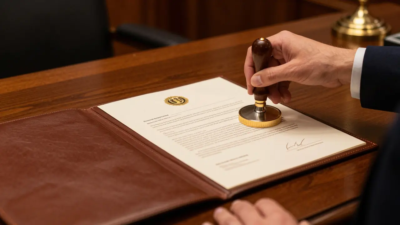 Sello oficial siendo aplicado sobre una escritura pública en una escribanía.