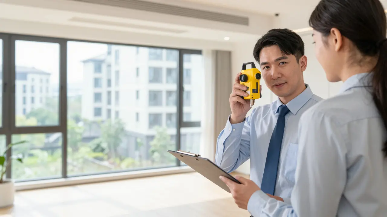 Tasador profesional midiendo una habitación en un apartamento urbano moderno.