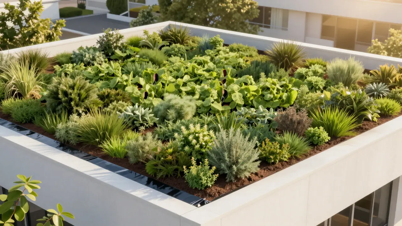 Techo verde sostenible con vegetación sobre una membrana impermeabilizante