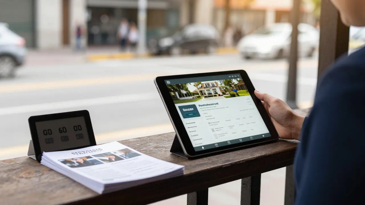 Agente inmobiliario con tablet y lista de visitas en un open house