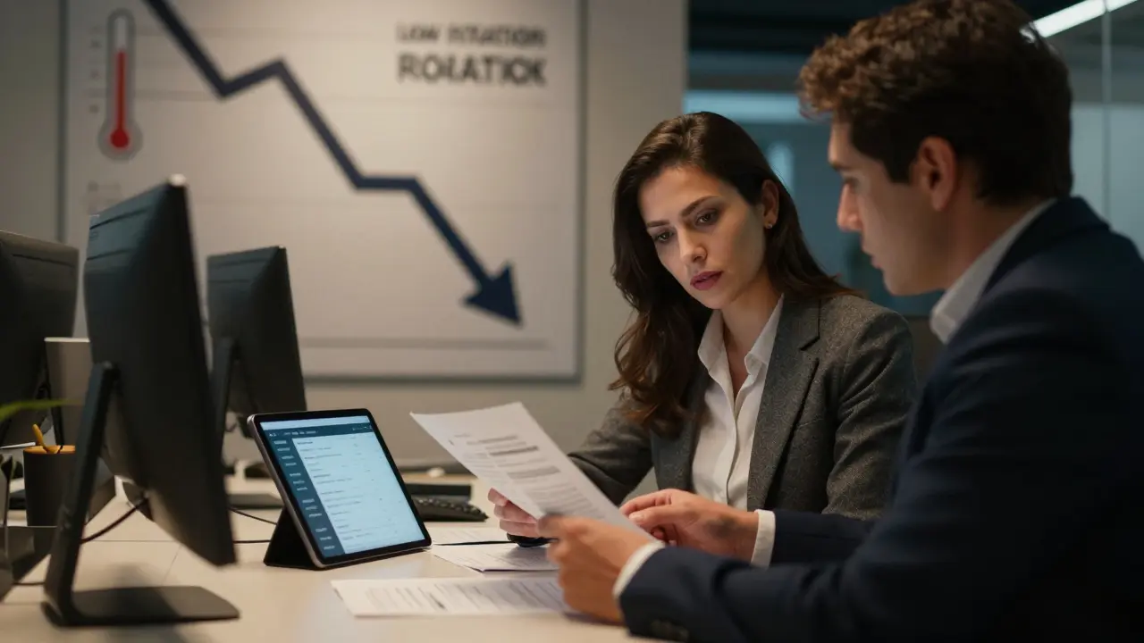 Agentes inmobiliarios analizando documentos en oficina seria