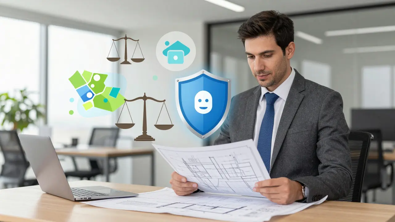 Arquitecto revisando planos y requisitos legales para propiedad de uso mixto