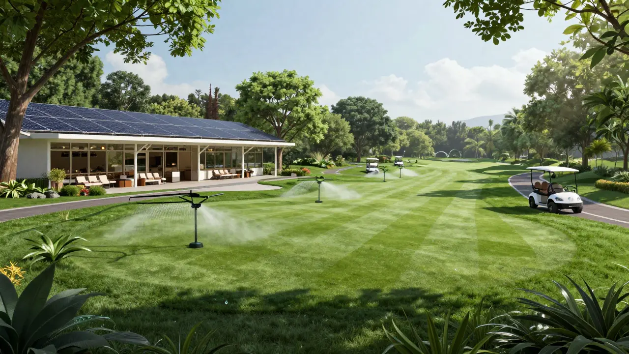 Club de golf sostenible con paneles solares y riego inteligente