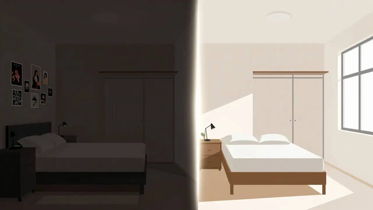 Comparación visual de habitación antes y después del staging