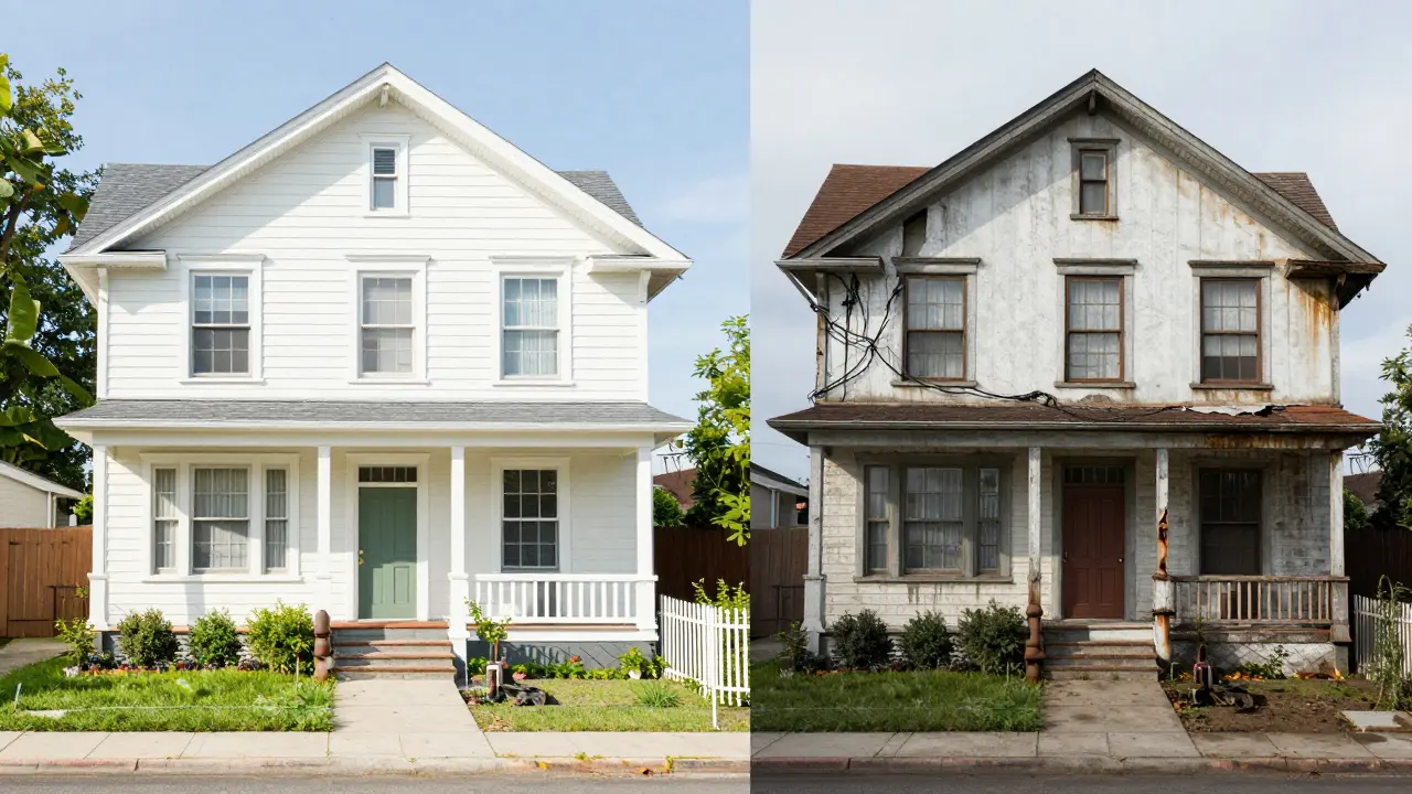 Comparación visual entre casa antigua bien mantenida y otra deteriorada
