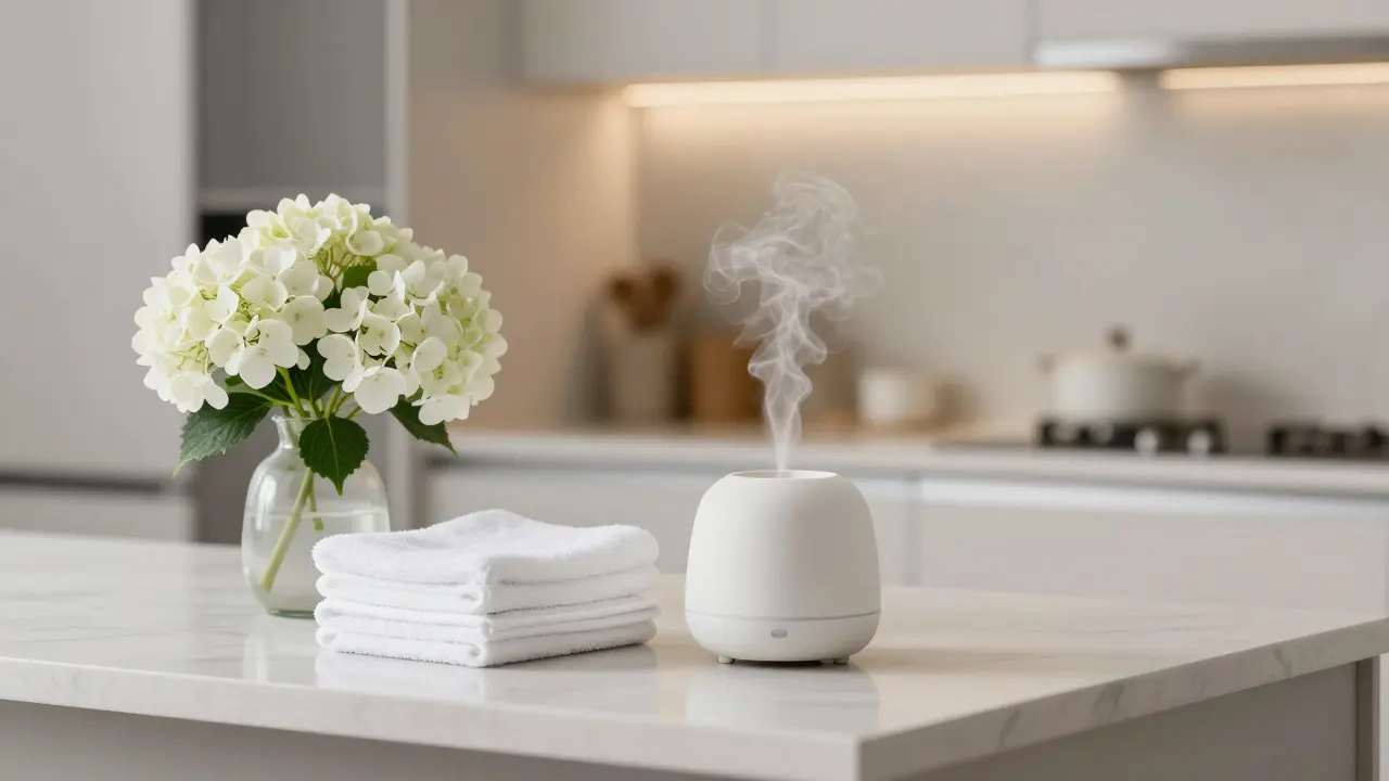 Detalles sensoriales de limpieza y aroma en cocina neutra