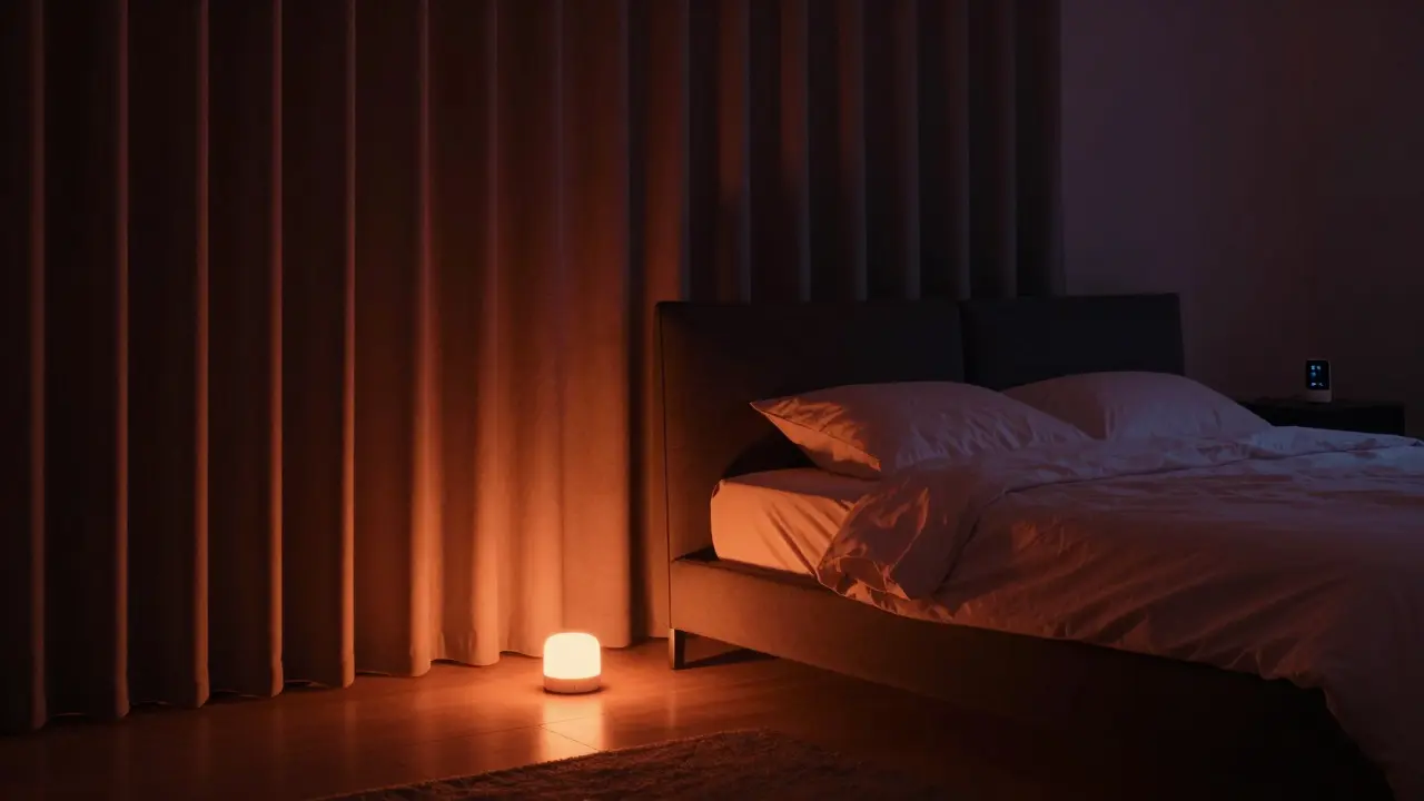 Dormitorio oscuro con luces nocturnas tenues y cálidas cerca del suelo para inducir sueño.