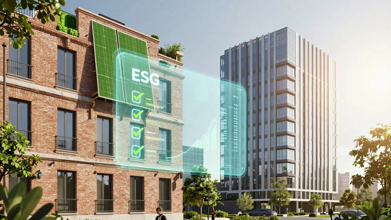 Edificios inmobiliarios sostenibles renovados con paneles solares e interfaces digitales mostrando criterios ESG.