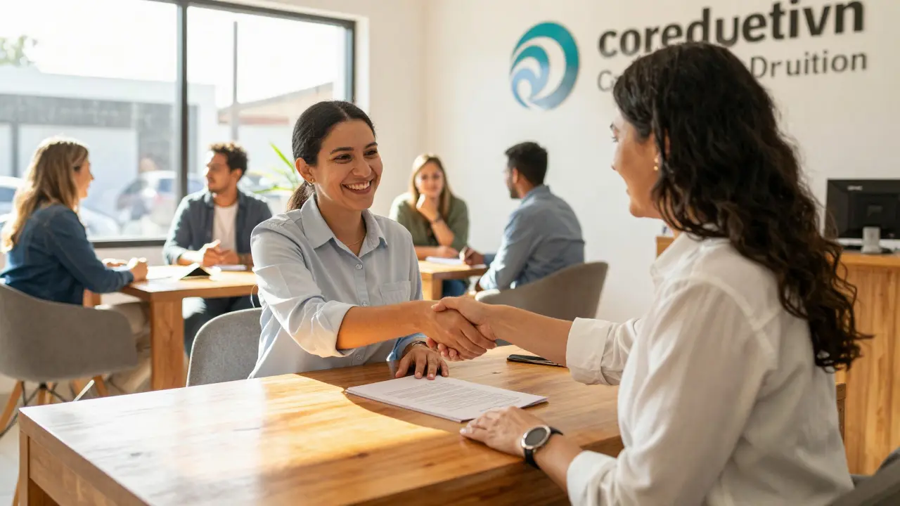 Entrevista amistosa entre emprendedor y oficial de cooperativa de crédito
