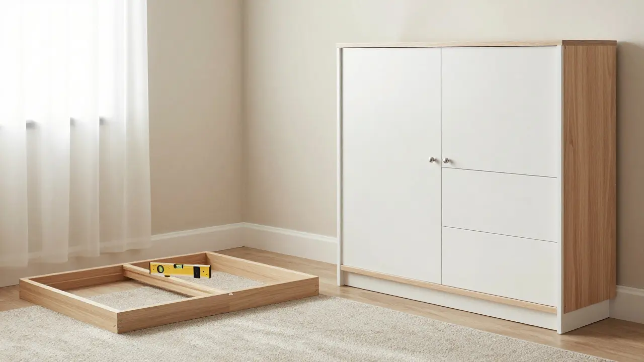 Estructura de mueble nivelada en el suelo y armario finalizado alineado en una habitación ordenada.