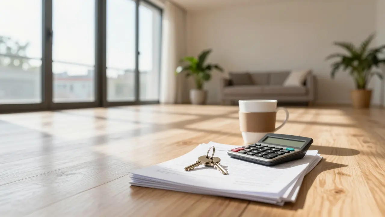 House keys on financial documents inside a sunny new apartment