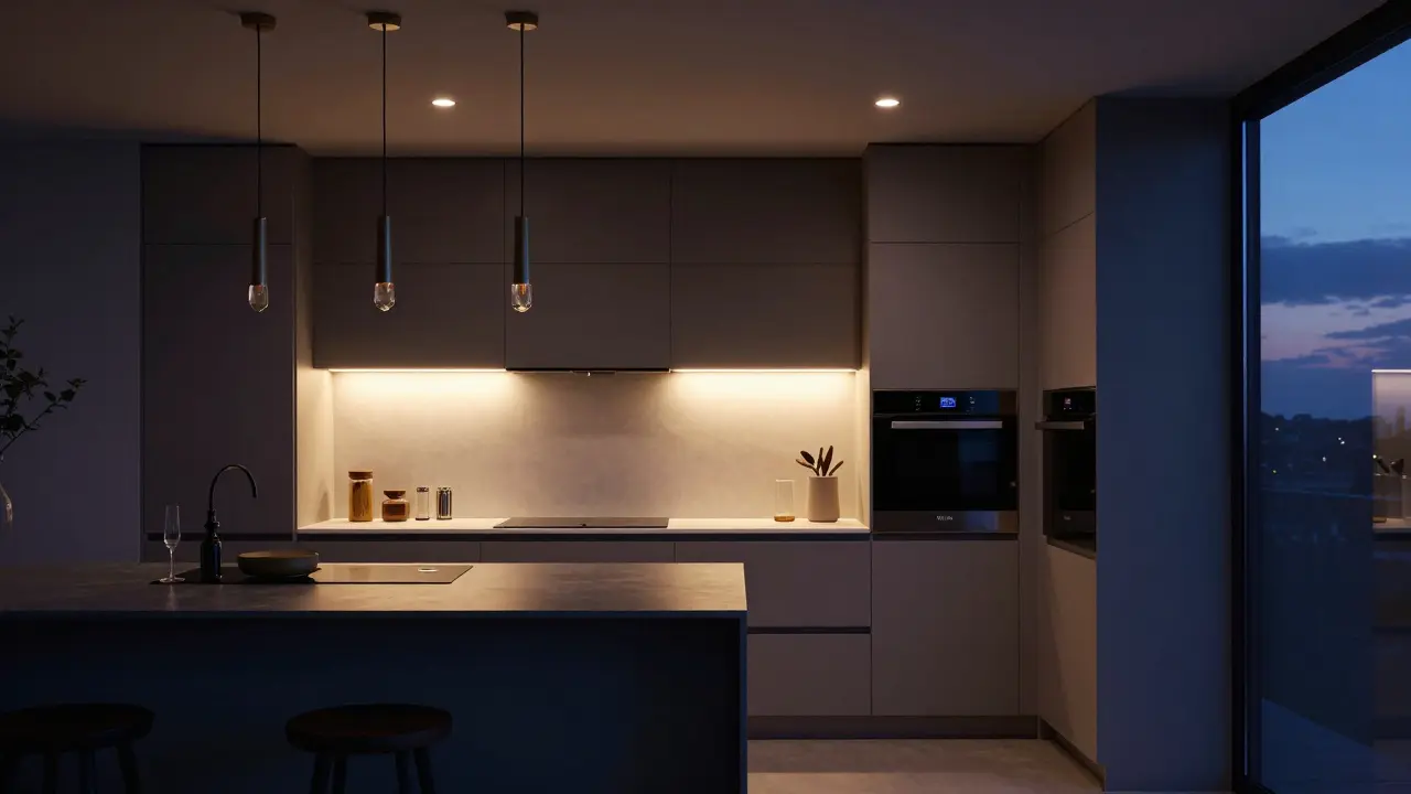 Iluminación estratificada cálida en cocina moderna con electrodomésticos integrados