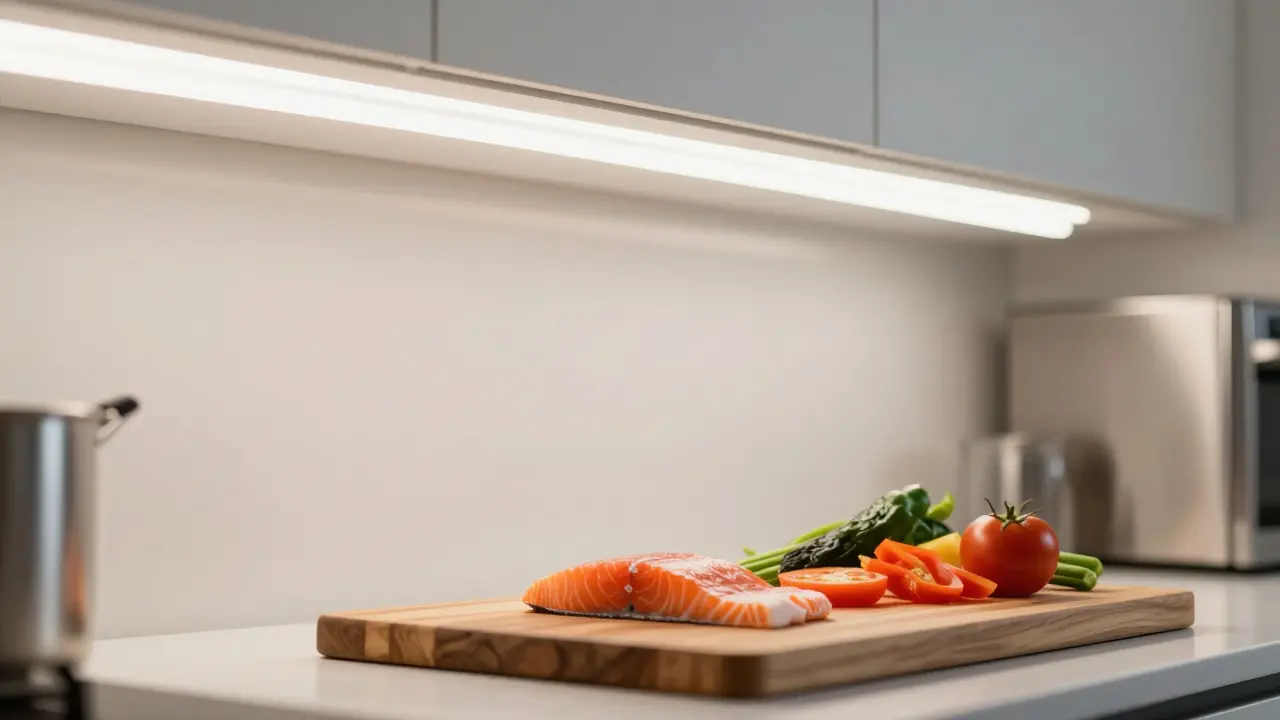 Iluminación LED bajo gabinetes de cocina resaltando colores frescos de alimentos al cortar.