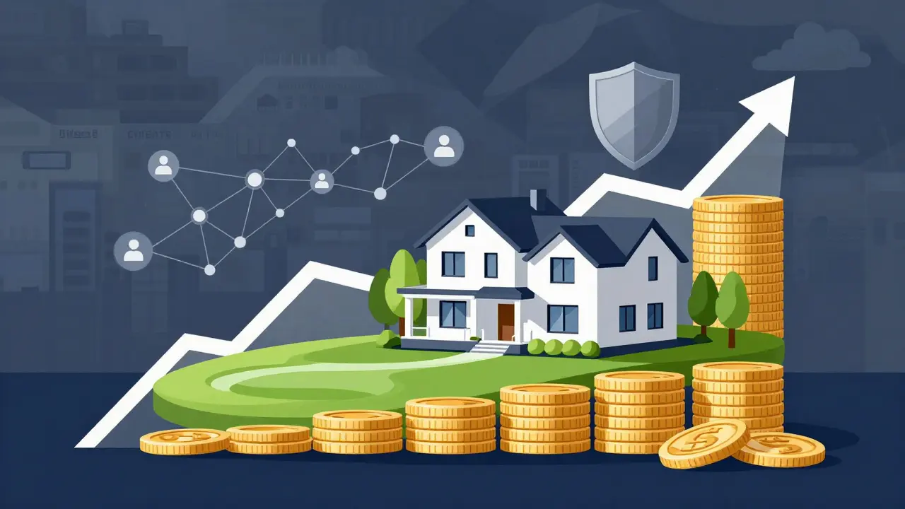 Ilustración conceptual de inversión inmobiliaria segura y crecimiento financiero