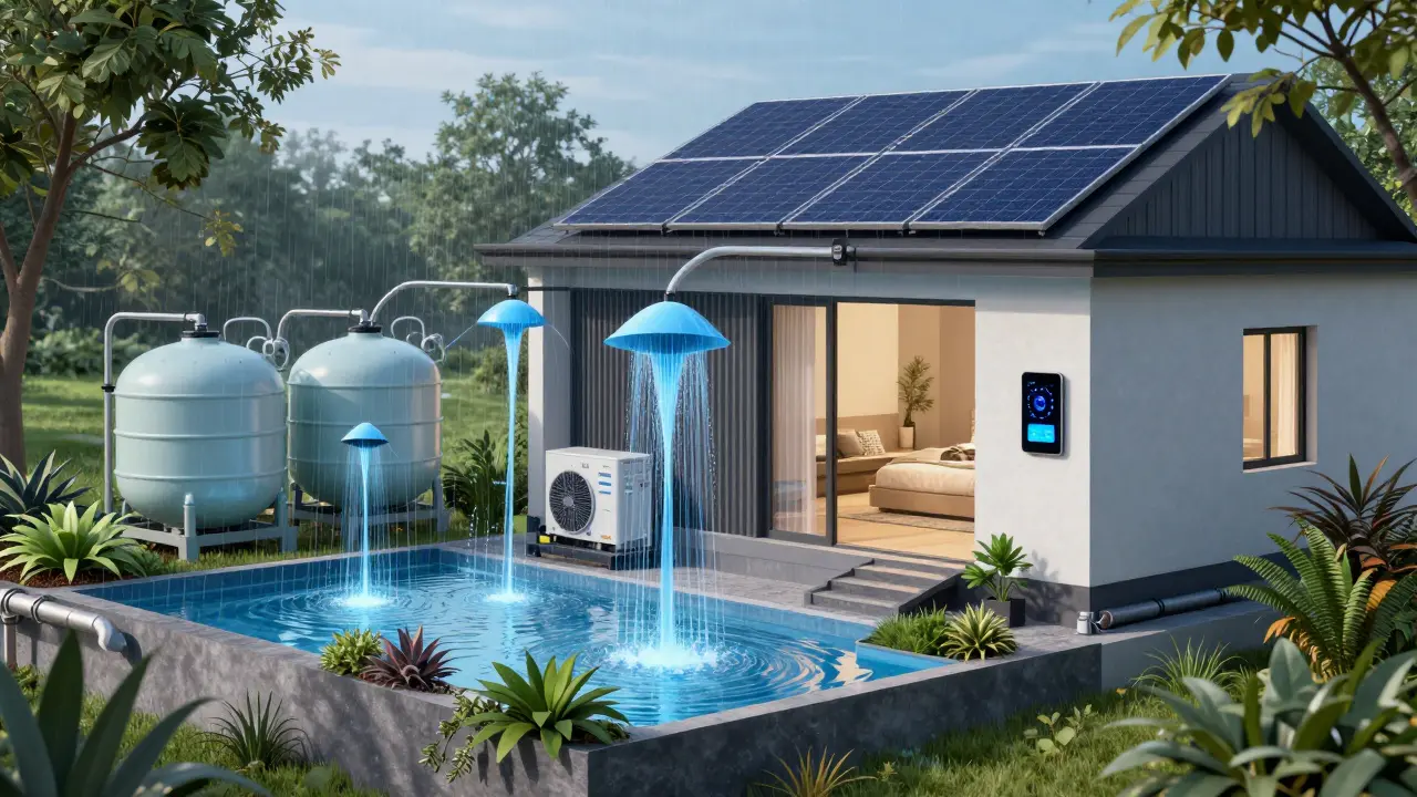 Ilustración conceptual de paneles solares, recolección de agua pluvial y domótica en una vivienda verde.