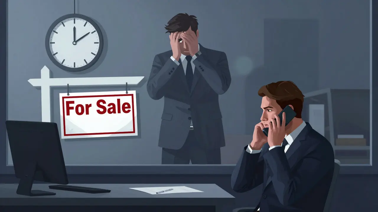 Ilustración conceptual de un agente pasivo y un propietario frustrado por la falta de acción