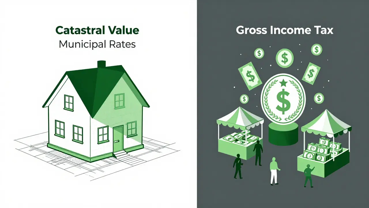 Ilustración conceptual dividiendo impuestos inmobiliarios y comerciales