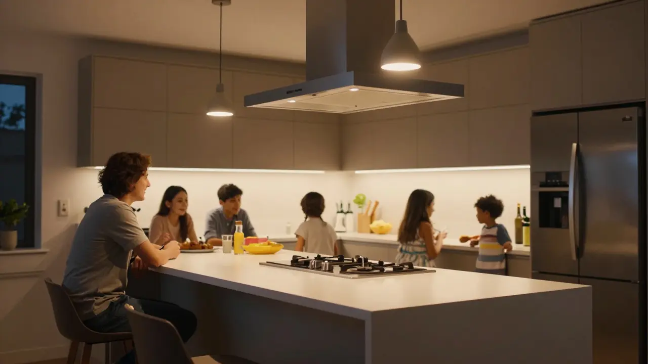 Isla de cocina con campana extractora y luces colgantes en ambiente cálido