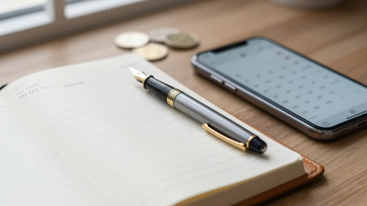 Libreta contable, bolígrafo y monedas sobre escritorio con luz natural