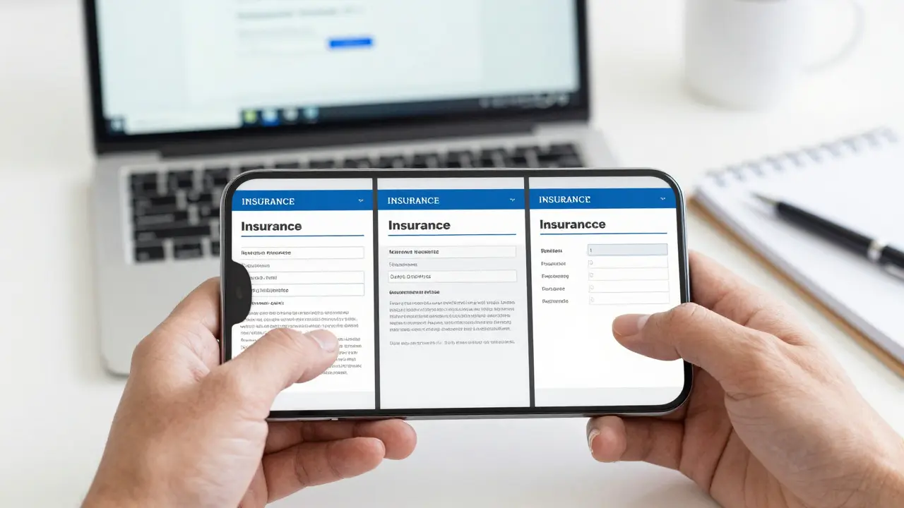 Manos comparando cotizaciones de seguros en papel y teléfono