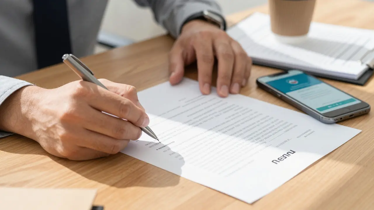 Manos firmando contrato de alquiler con documento de garantía en la mesa