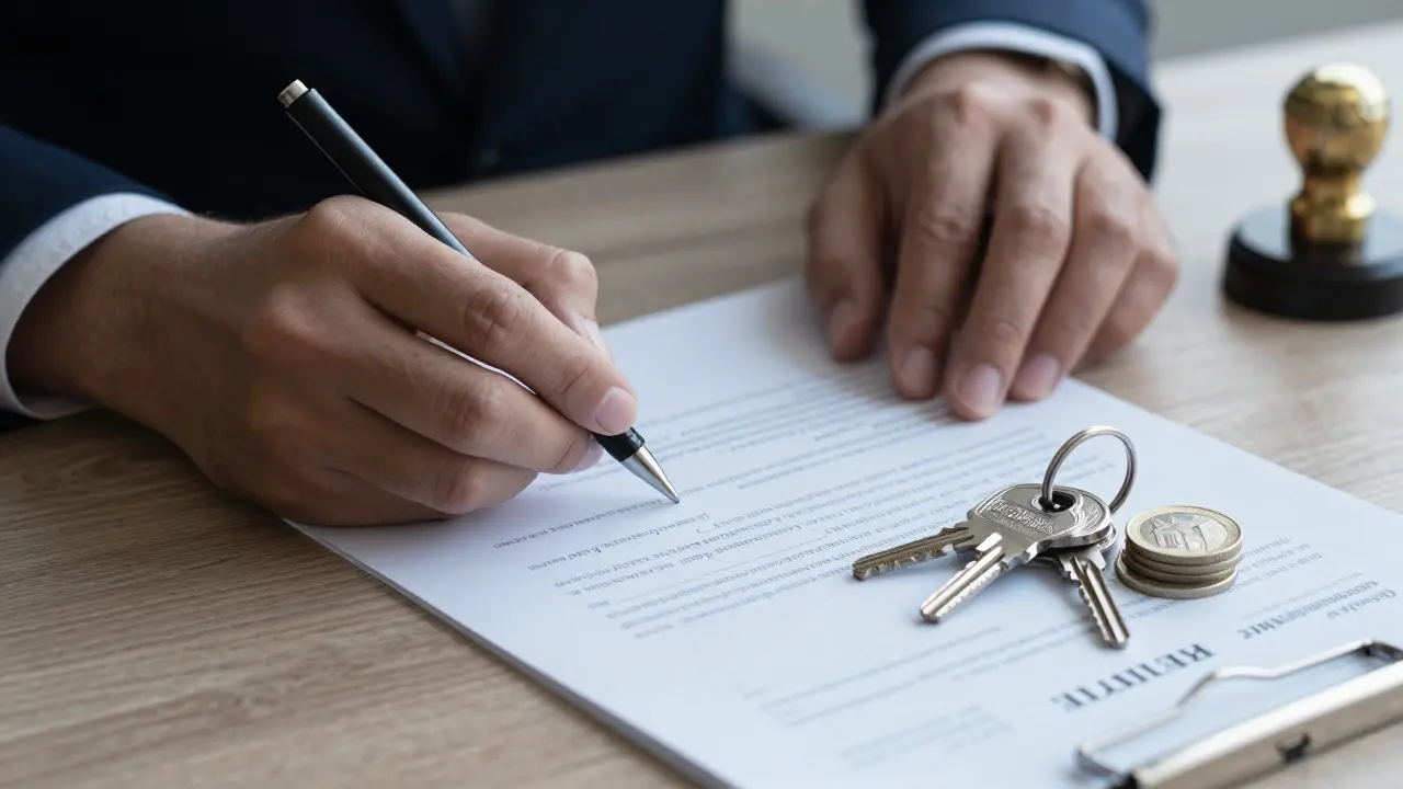 Manos firmando contrato inmobiliario con llaves y documentos legales sobre mesa