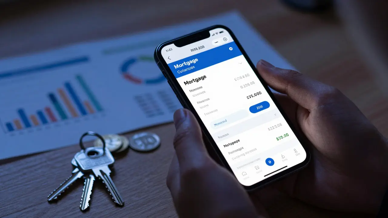 Manos usando calculadora hipotecaria en móvil con llaves al fondo