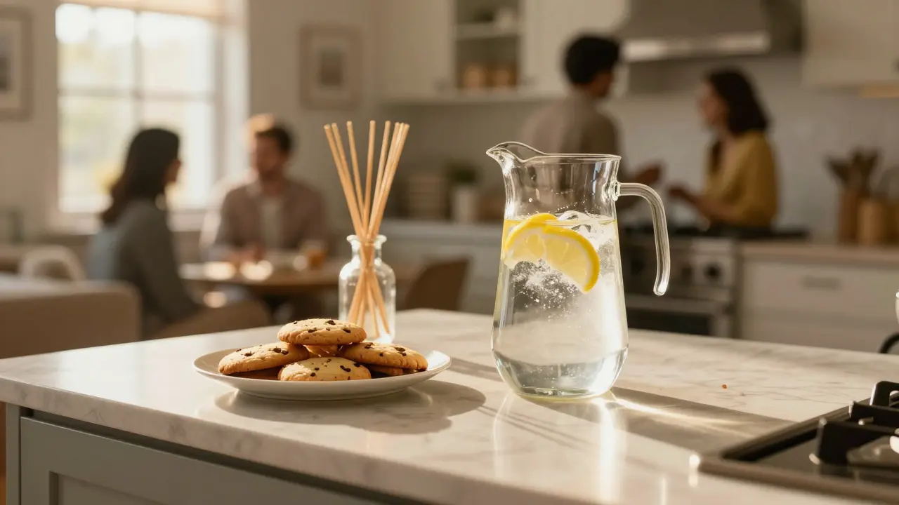 Mesa con café, galletas y aromas suaves para atraer compradores