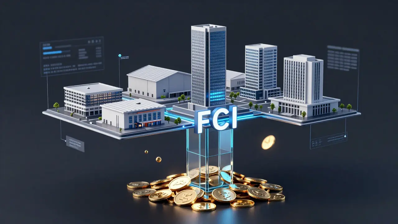 Monedas doradas fusionándose en un pilar que sostiene modelos de edificios diversos como centros comerciales y oficinas.