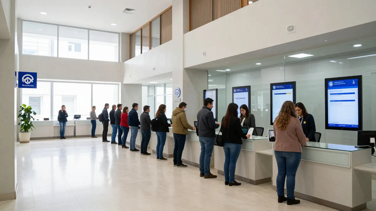 Oficina de registros públicos con trámites digitales en fila