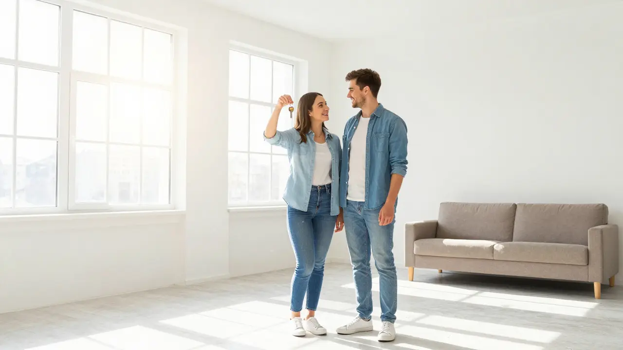 Pareja feliz con llaves en su nuevo apartamento soleado y vacío