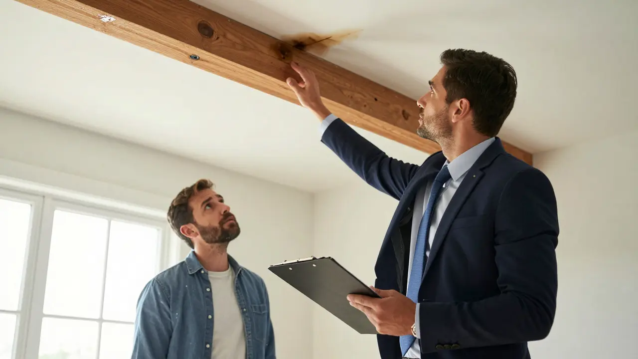 Perito de seguros inspeccionando daños estructurales en un techo