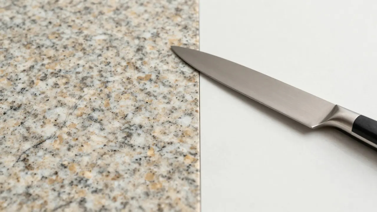 Primer plano comparando texturas de granito natural y cuartzo compacto
