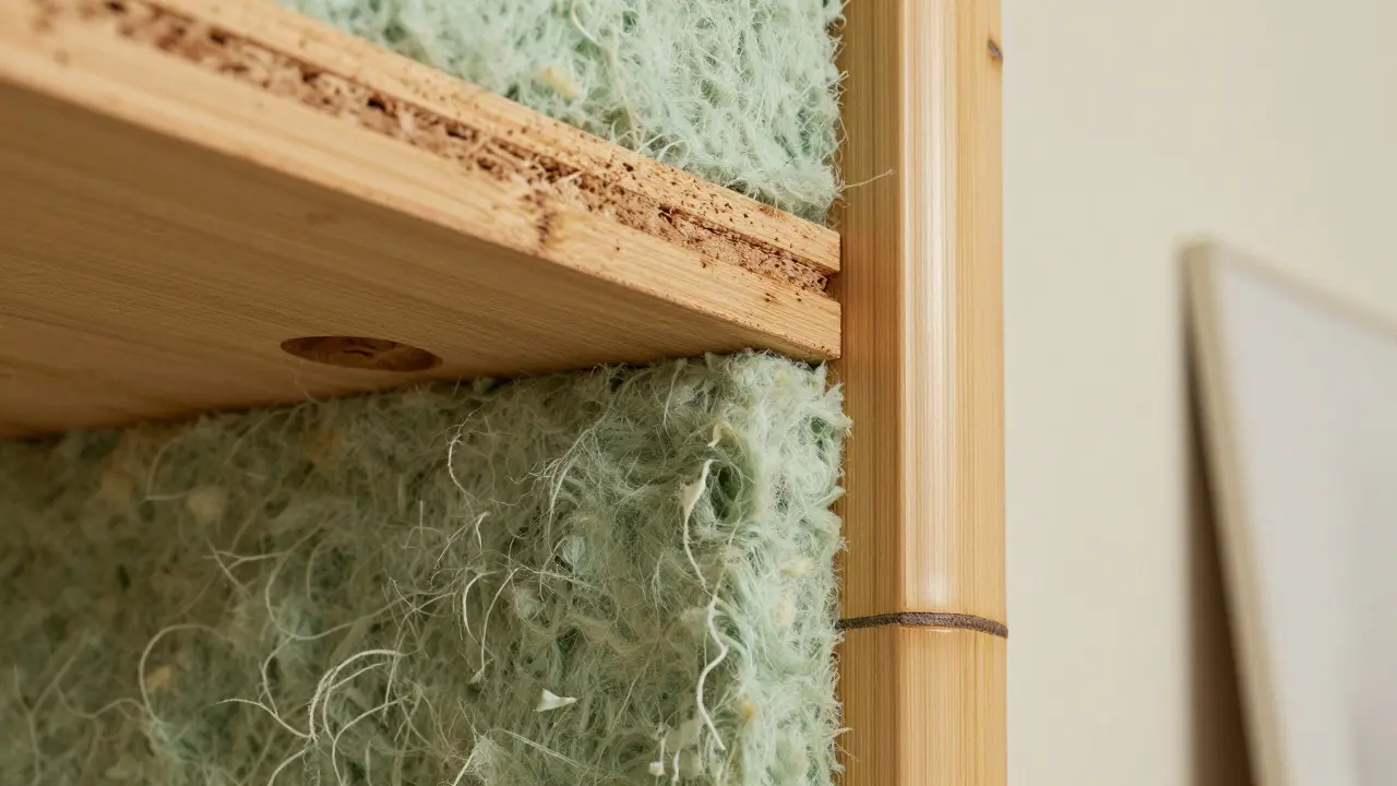 Primer plano de materiales ecológicos como madera certificada, bambú e aislamiento de celulosa reciclada.