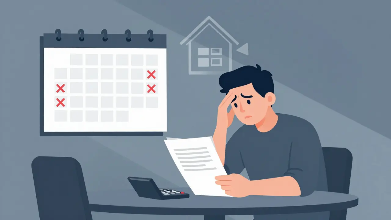 Propietario estresado revisando facturas y calendario vacío