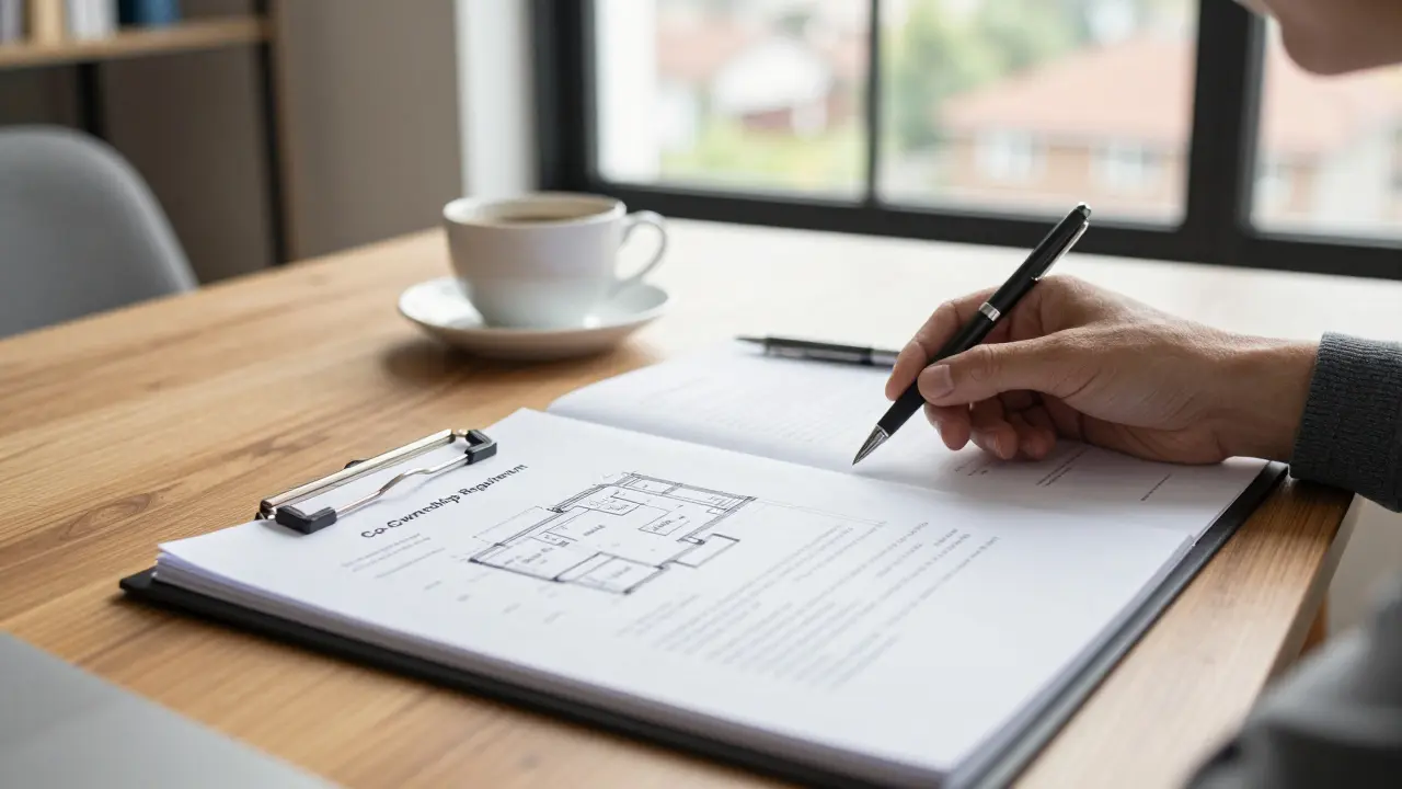 Propietario revisando documentos legales y planos arquitectónicos en una mesa iluminada