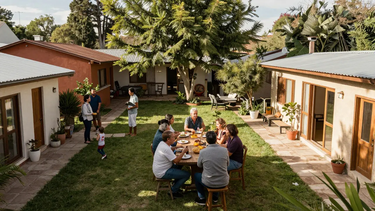 Vecinos compartiendo una comida en el patio comunitario de un proyecto de cohousing