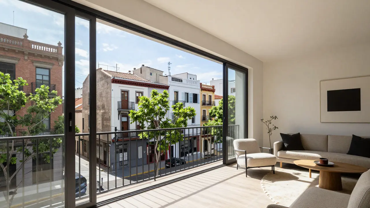 Balcón luminoso de un departamento renovado con vista a calles arboladas