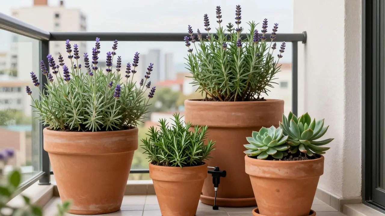 Balcón urbano con macetas modulares y hierbas aromáticas resistentes