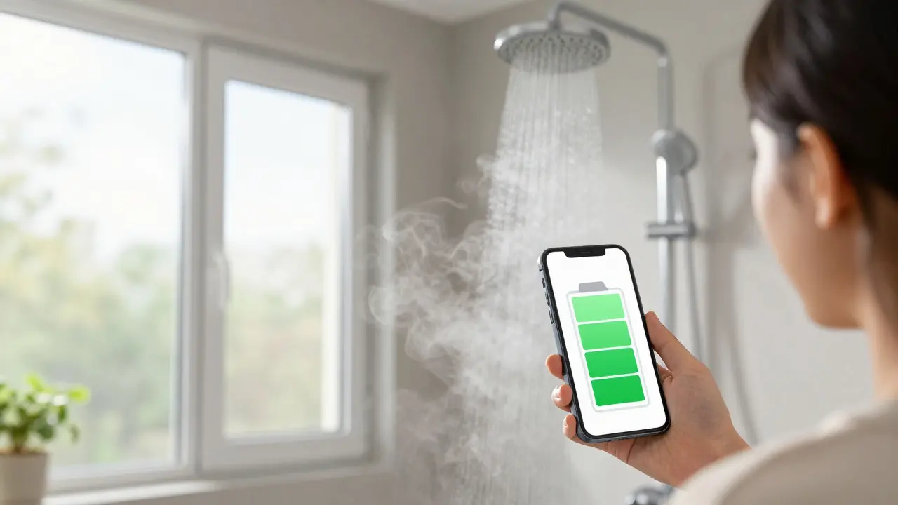 Baño moderno con agua caliente solar y símbolo de ahorro energético en un teléfono móvil